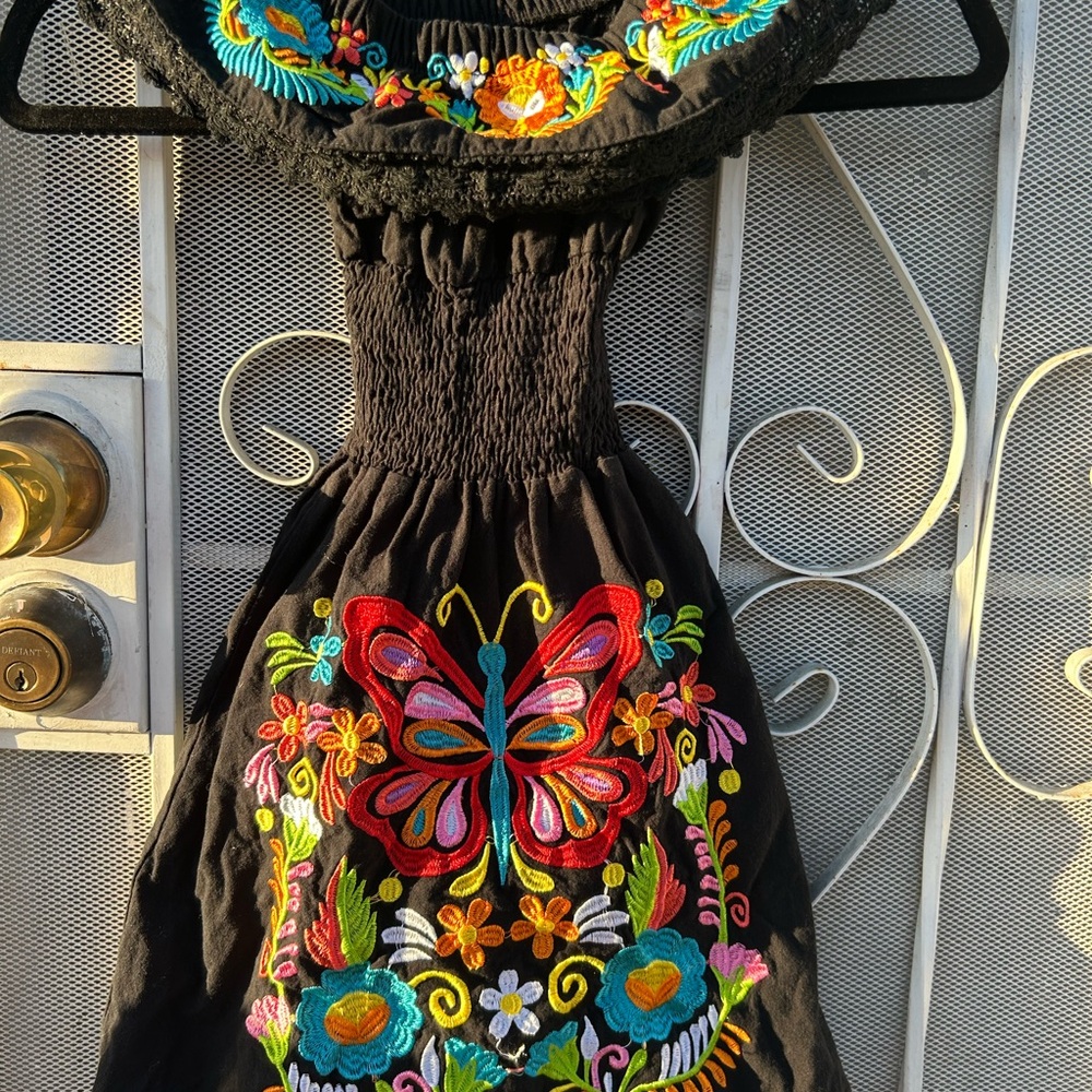 Black Mexican toddler Dress with Colorful butterfly print Embroidery size 2 nwot
